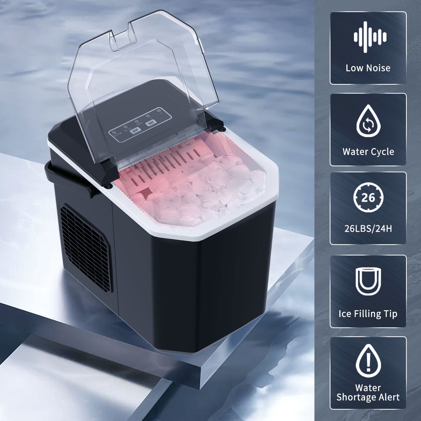 Auseo Ice Makers Countertop, Ice Machine with Handle, 26Lbs in 24Hrs, 9 Cubes Ready in 6 Mins, Self-Cleaning Portable Ice Maker, 2 Sizes of Bullet Ice Cubes for Home and Office-Black