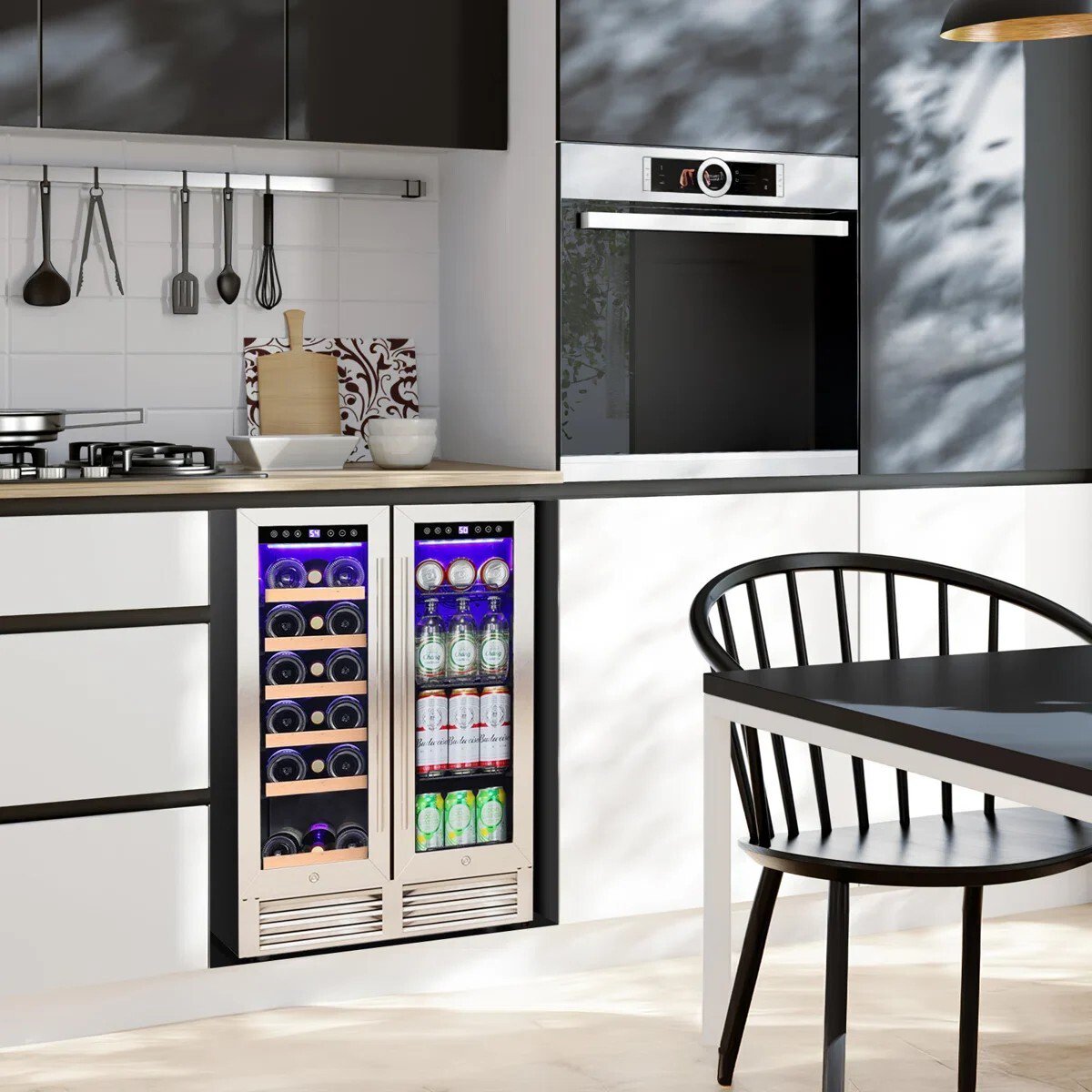 Auseo 24 inch Beverage Refrigerator, 18 Bottle 62 Can Built-In /Dual Zone Wine Fridge,Beer Cooler with Touch Control & Safety Lock for Home/Bar/Office