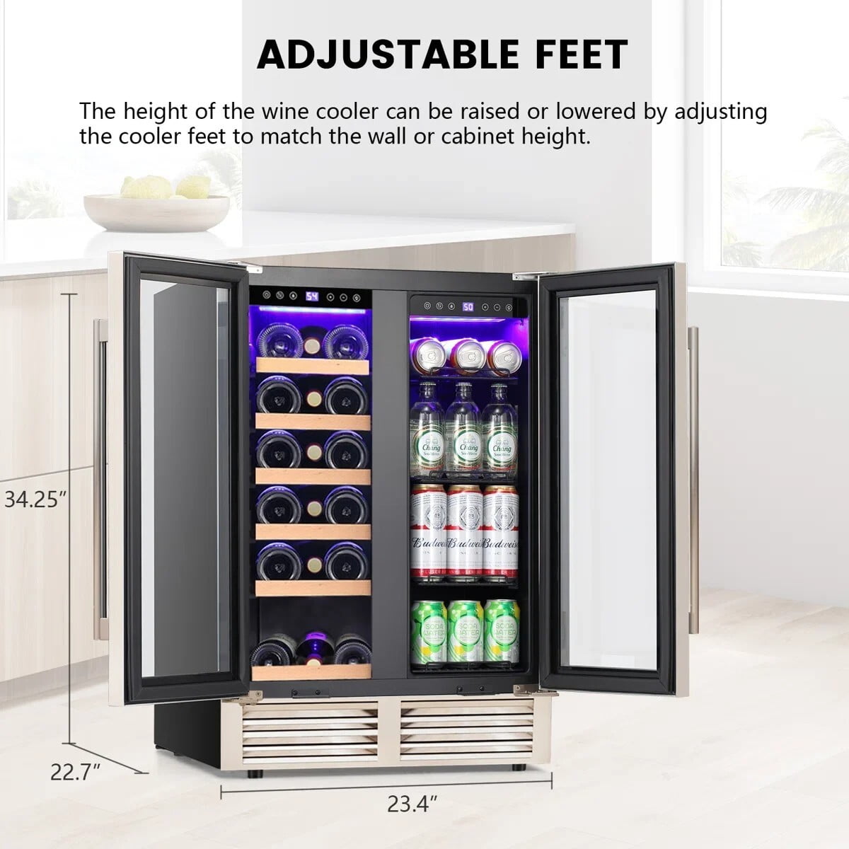 Auseo 24 inch Beverage Refrigerator, 18 Bottle 62 Can Built-In /Dual Zone Wine Fridge,Beer Cooler with Touch Control & Safety Lock for Home/Bar/Office