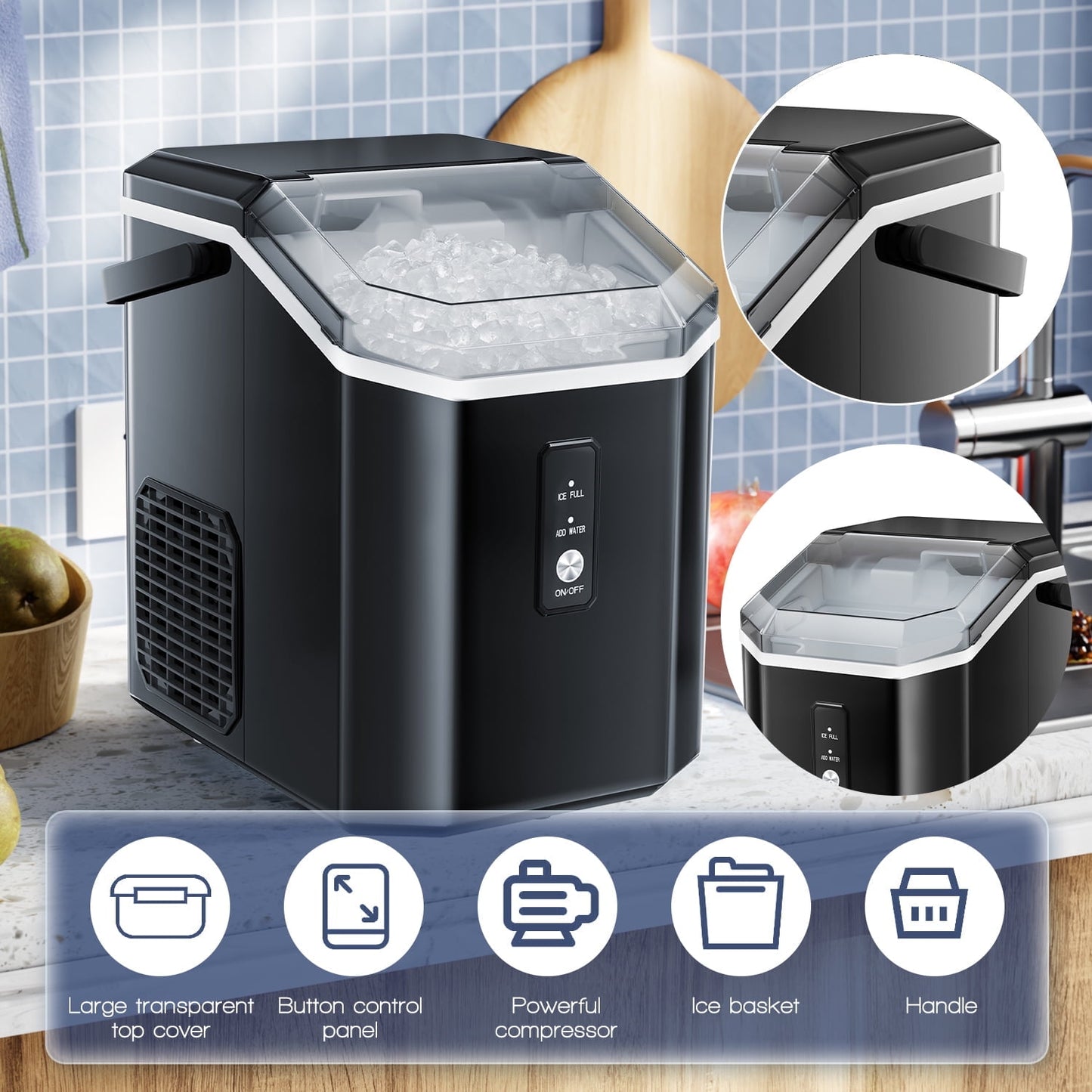 Auseo Countertop Nugget Ice Maker, Self-cleaning Portable Ice Maker Machine with Ice Scoop, 35Lbs/24H for Home/Office/Bar/Party, Stainless Steel Black