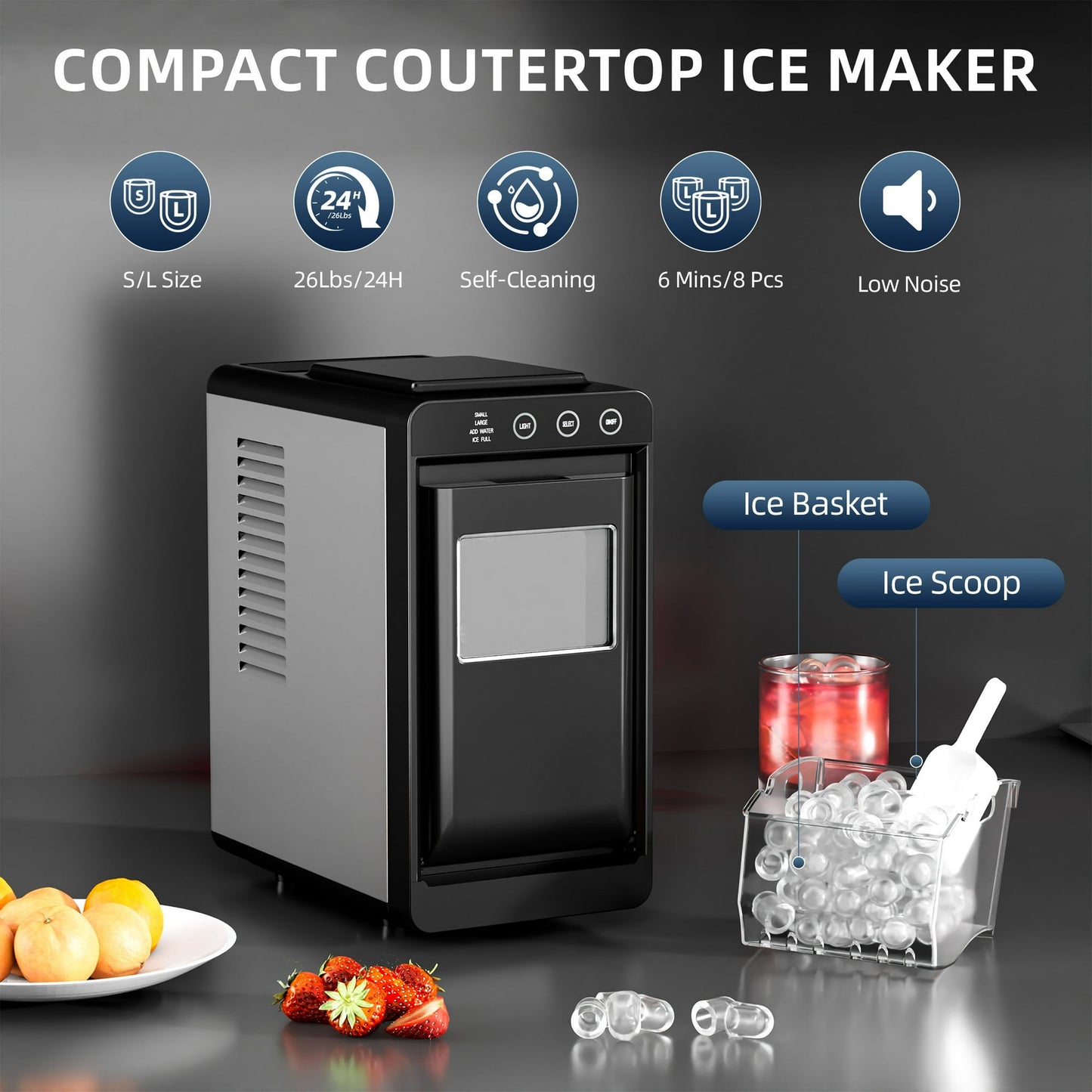 Auseo Countertop Ice Maker Portable, 26 lbs/Day, 8Pcs in 6Mins, Auto-Cleaning, Ice Machine with Ice Scoop, for Home/Office/Party