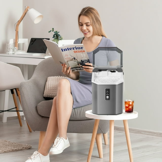 Auseo Nugget Ice Maker Countertop with Soft Chewable Pellet Ice, Portable Ice Machine with Handle, 34lbs/24H, for Kitchen/Office/Party (Gray)