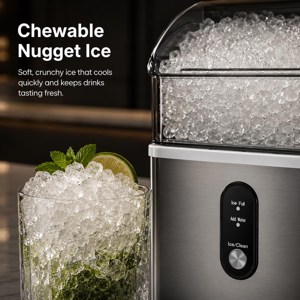 Auseo Nugget Ice Maker Countertop, 35Lbs/24H , 6 Min/Round with Self-Cleaning Stainless Steel Ice Machine,Silver