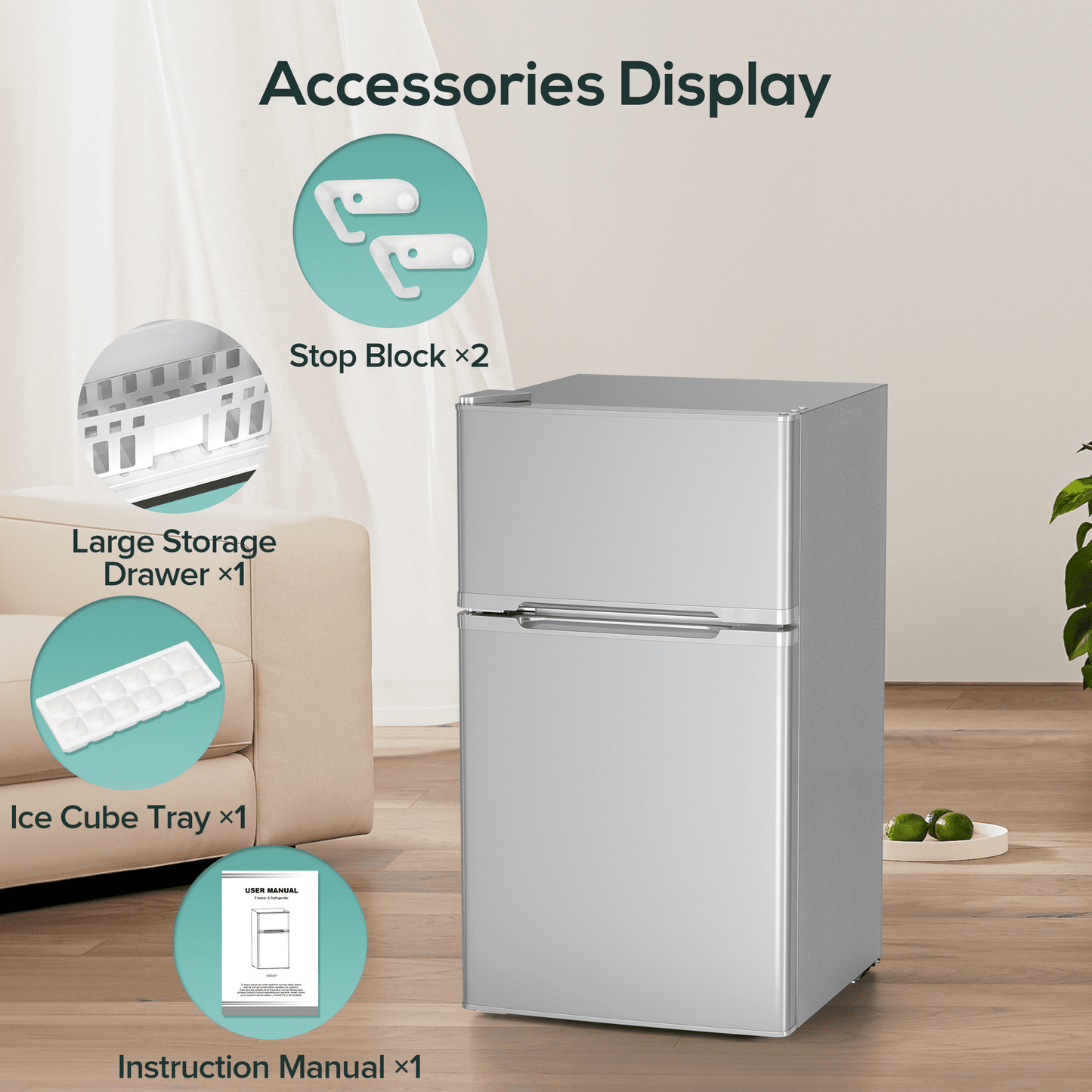 Auseo Double Door 3.2 Cu. ft Compact Refrigerator with Top Door Freezer, Freestanding Mini Fridge with Adjustable Temperature, Grey