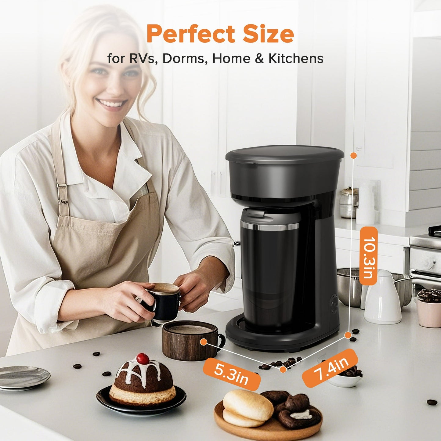 Auseo Mini Single Serve Coffee Maker Personal, 14Oz. Thermal Travel Mug with Stainless Steel Interior, Compatible with Coffee Grounds(Not Compatible with K-Cups), Reusable Filter, Black
