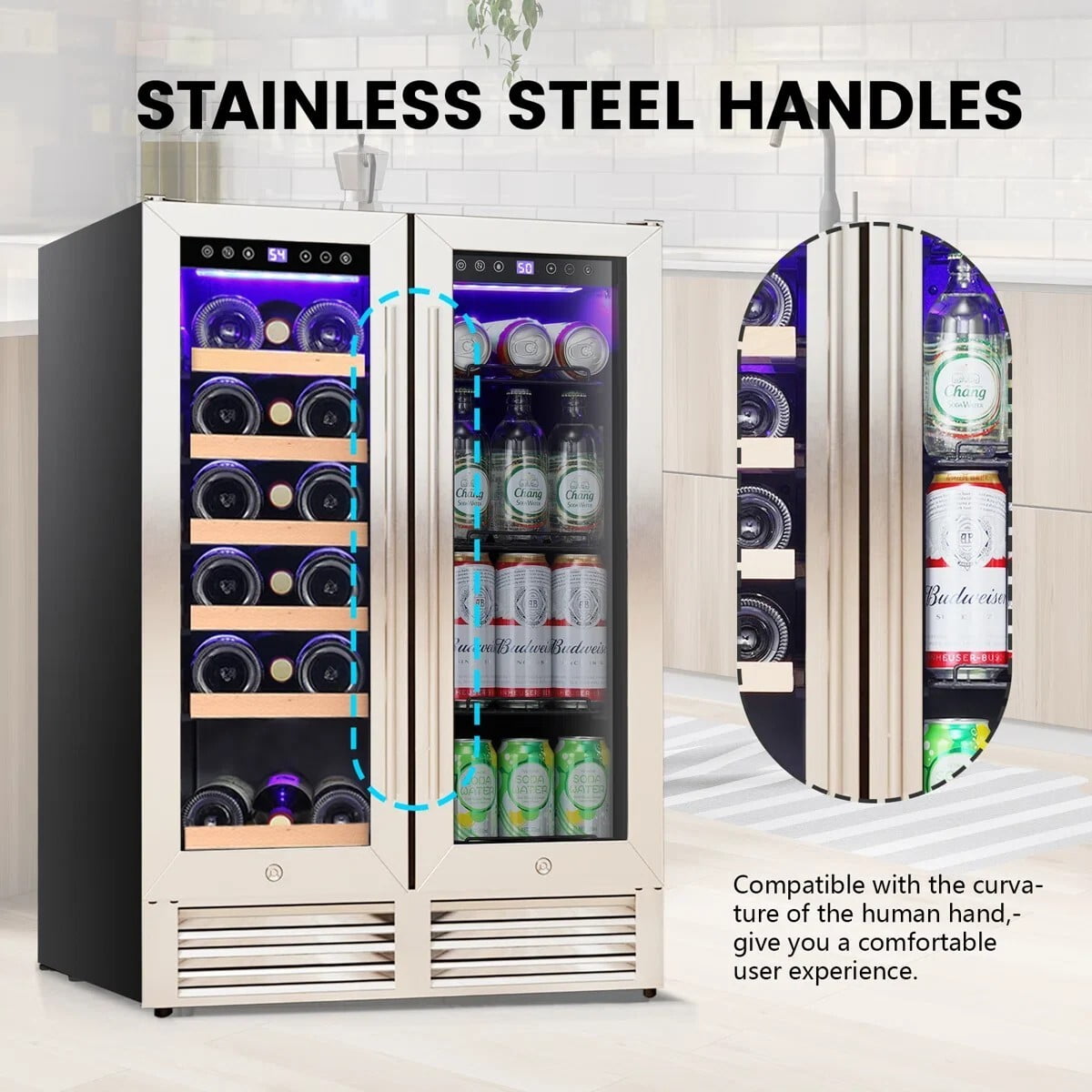 Auseo 24 inch Beverage Refrigerator, 18 Bottle 62 Can Built-In /Dual Zone Wine Fridge,Beer Cooler with Touch Control & Safety Lock for Home/Bar/Office