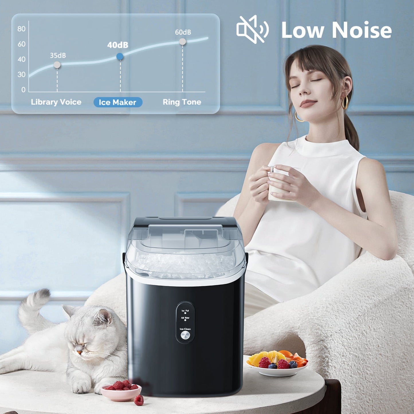 Auseo Nugget Ice Maker Countertop, 35Lbs/24H with Self-Cleaning, 6 Min/Round, for Home/Office/Bar, Stainless Steel-Black
