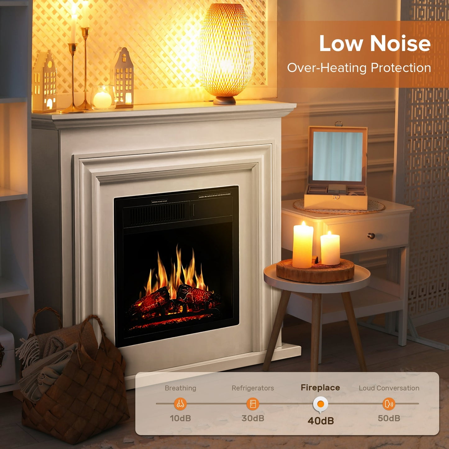 Auseo Electric Fireplace Mantel Wooden Surround Firebox, Free Standing Fireplace, with Remote Control, Adjustable LED Flame, 750W/1500W -(Pearlwhite)