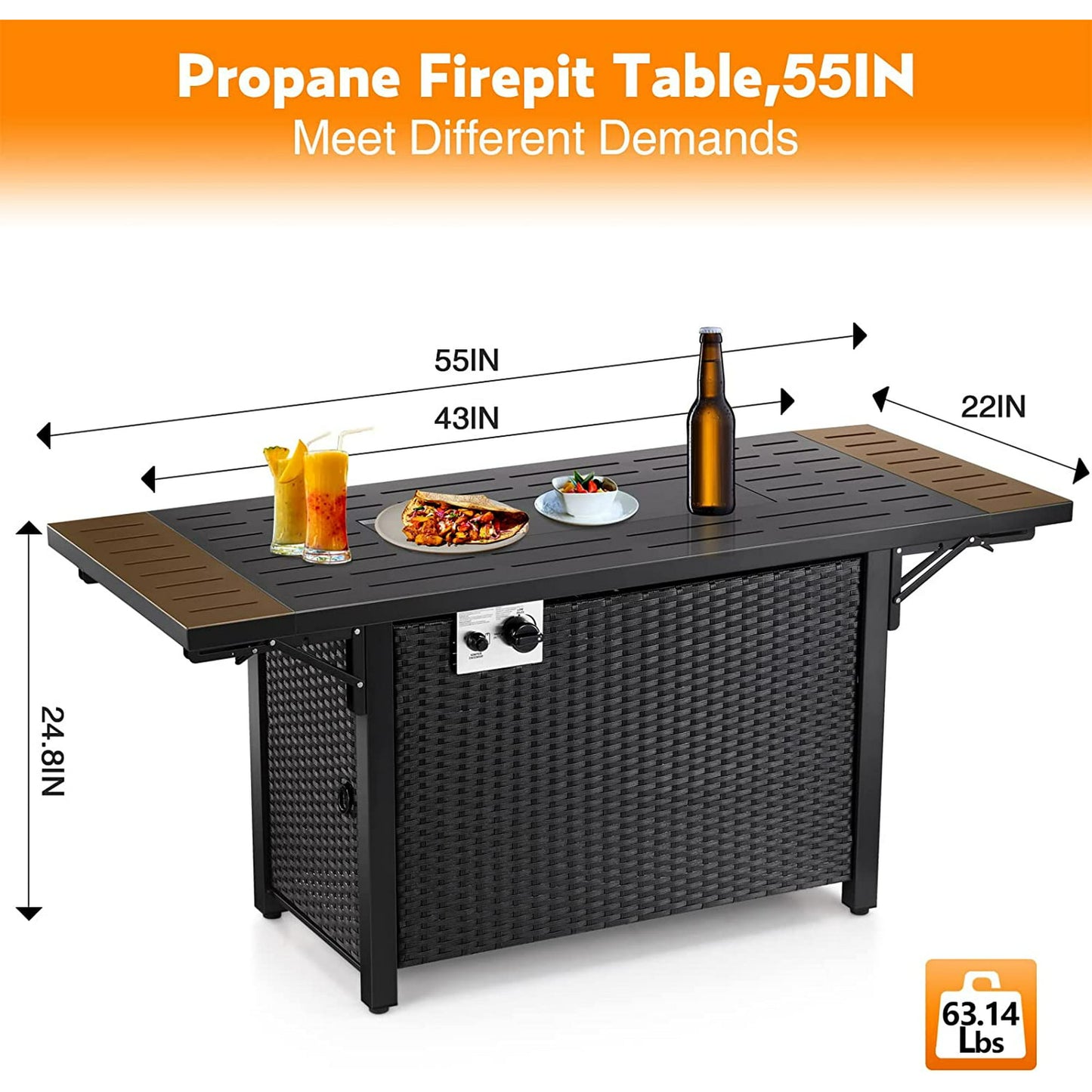 Auseo 55in Propane Fire Pit Table - Foldable Wicker Design - Lava Rocks & Glass Wind Guard - 50000 BTU