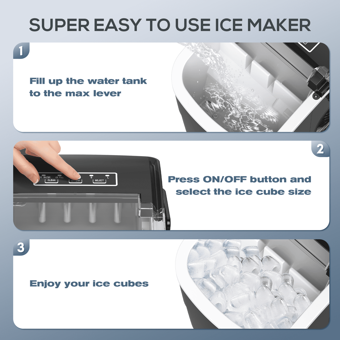 Auseo 26lbs/24H Countertop Ice Maker, 6 Mins/9 Bullets of ice, 2 Sizes of Bullet Ice, Self-Cleaning, Black