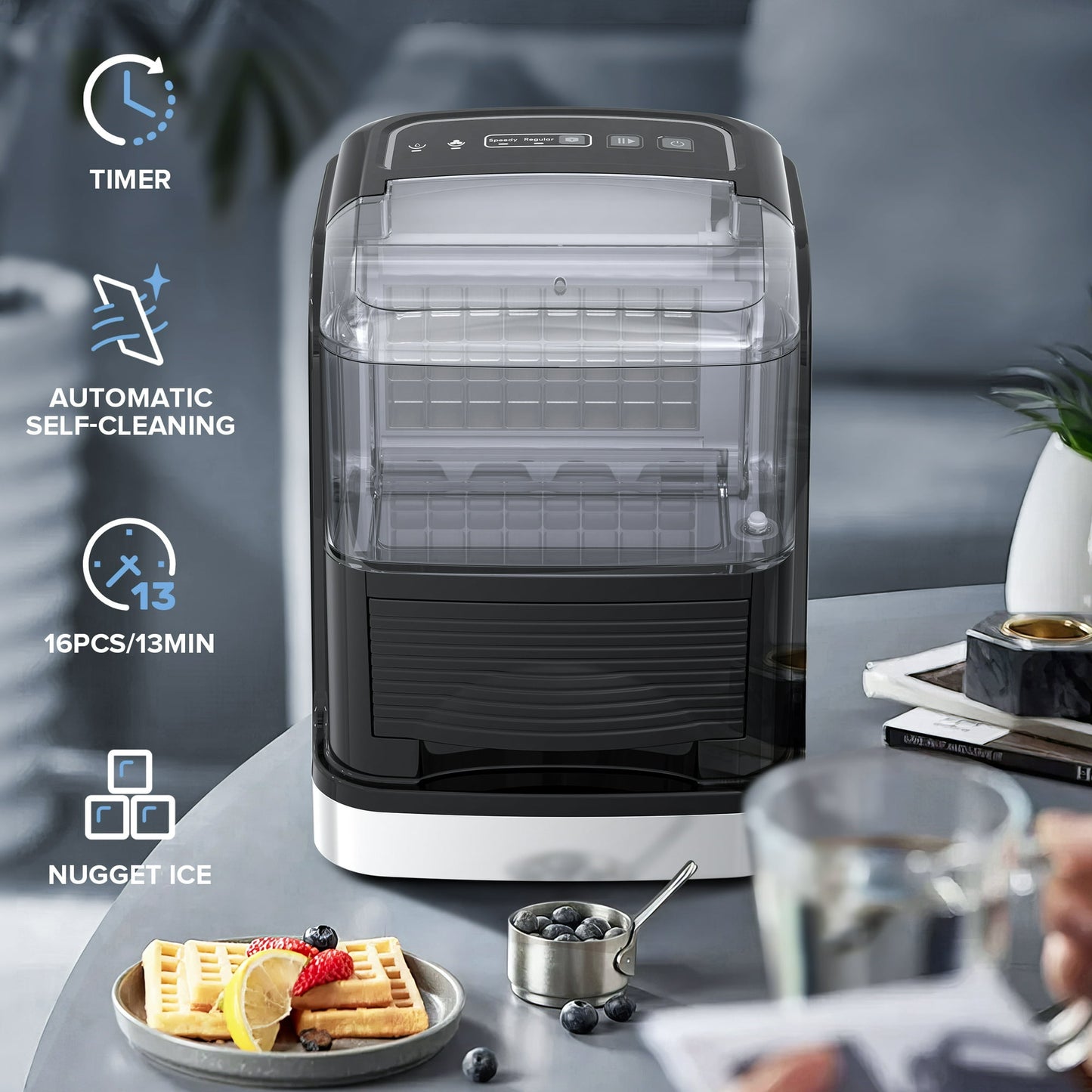 Auseo Ice Makers Countertop, 33lbs in 24Hour Ice Machine with Ice Basket, 2 Sizes of nugget Ice,Black