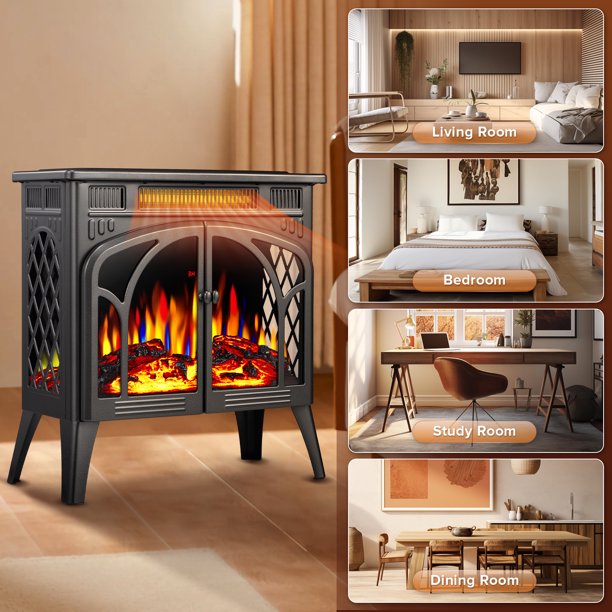 Auseo Electric Fireplace Heater 25’’ with 3D Realistic Flame Effect, Freestanding Fireplace with Remote Control, Timer, Different Flame Color,2 Heating Modes 500W/1500W