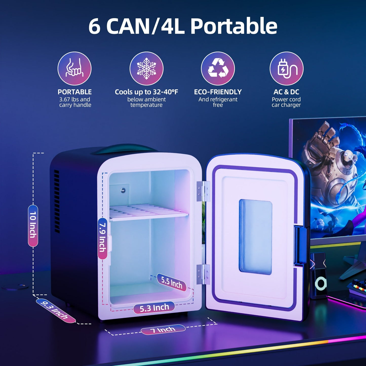 Auseo 4L Mini Fridge Personal with LED, Portable Cooler & Warmer for Bedroom, Office, Car, Small Refrigerator for Skincare, Drinks & Gaming Room, AC/DC Powered, Black