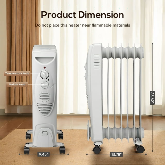 Auseo Electric Oil Filled Radiator Space Heater, Thermostat Room Radiant, Room Heater, White