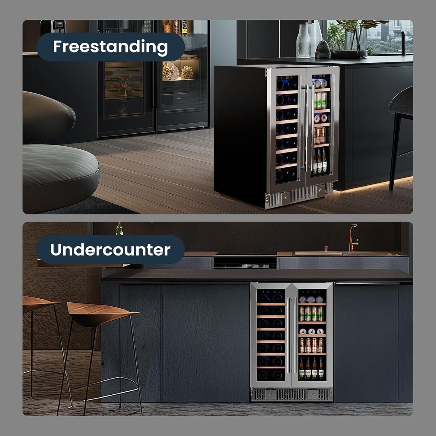 Auseo 24" Wine Cooler, 20 Bottle and 88 Cans Dual Zone Beverage Refrigerator with Glass Door, Built-in or Freestanding Wine/Beer/Beverage Fridge with Blue LED Light
