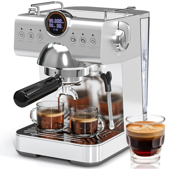 Auseo Pro Espresso Machine with Cold Brew & Milk Frother, 20-Bar Pressure Coffee Maker, Smart LED Display & Compact Stainless Steel Design for Lattes/Cappuccinos