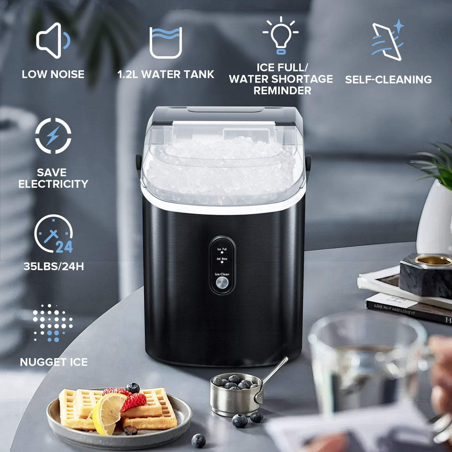 Auseo Nugget Ice Maker Countertop, 35Lbs/24H with Self-Cleaning, 6 Min/Round, for Home/Office/Bar, Stainless Steel-Black