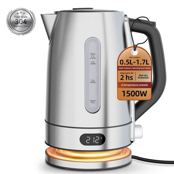 Auseo 1.7L Stainless Steel Electric Kettle, 1500W Fast-Boil, Auto Shut-Off, Keep Warm, Boil Dry Protection, Electric Kettle For Coffee & Tea, Stainless Steel