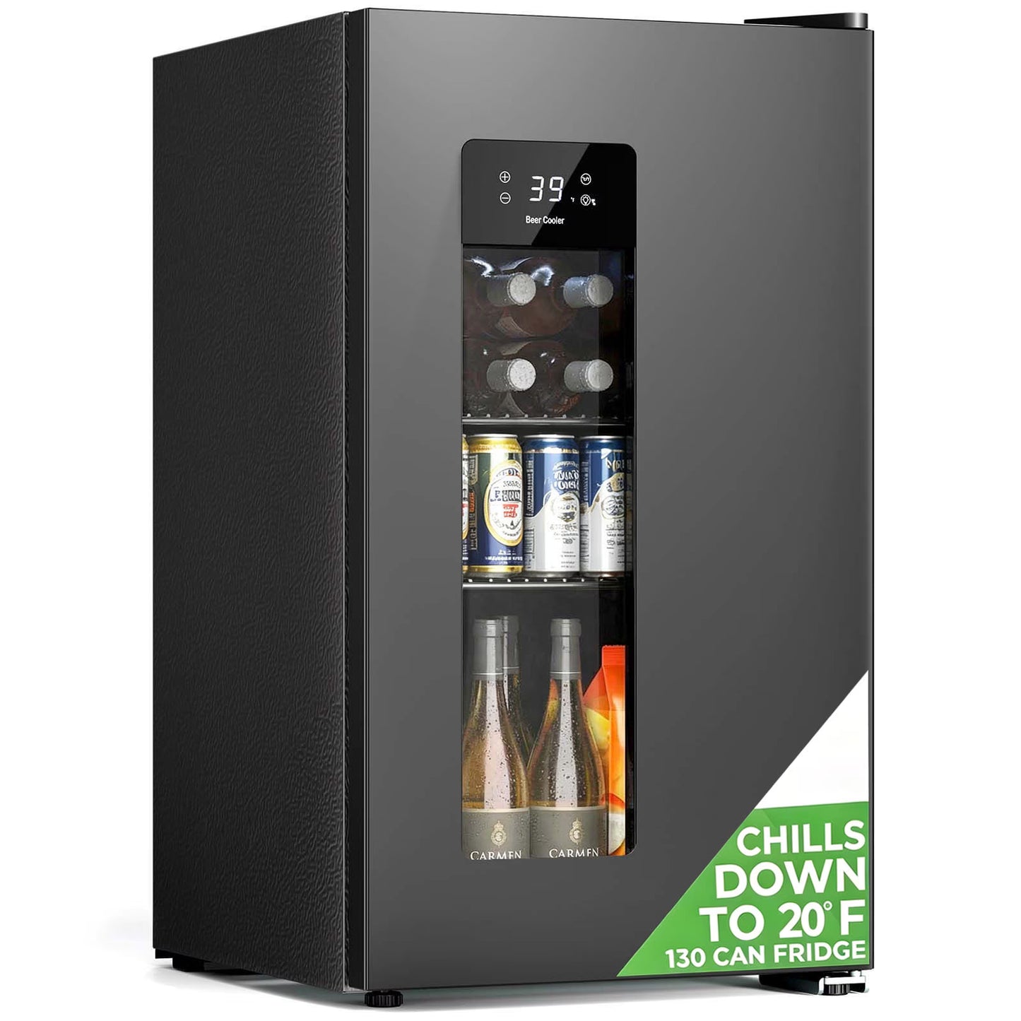 Auseo 130 Can Beer Fridge,Compact Beverage Refrigerator with Glass Door, LCD Display,Mini Fridge for Home, Dorm, Office, Black