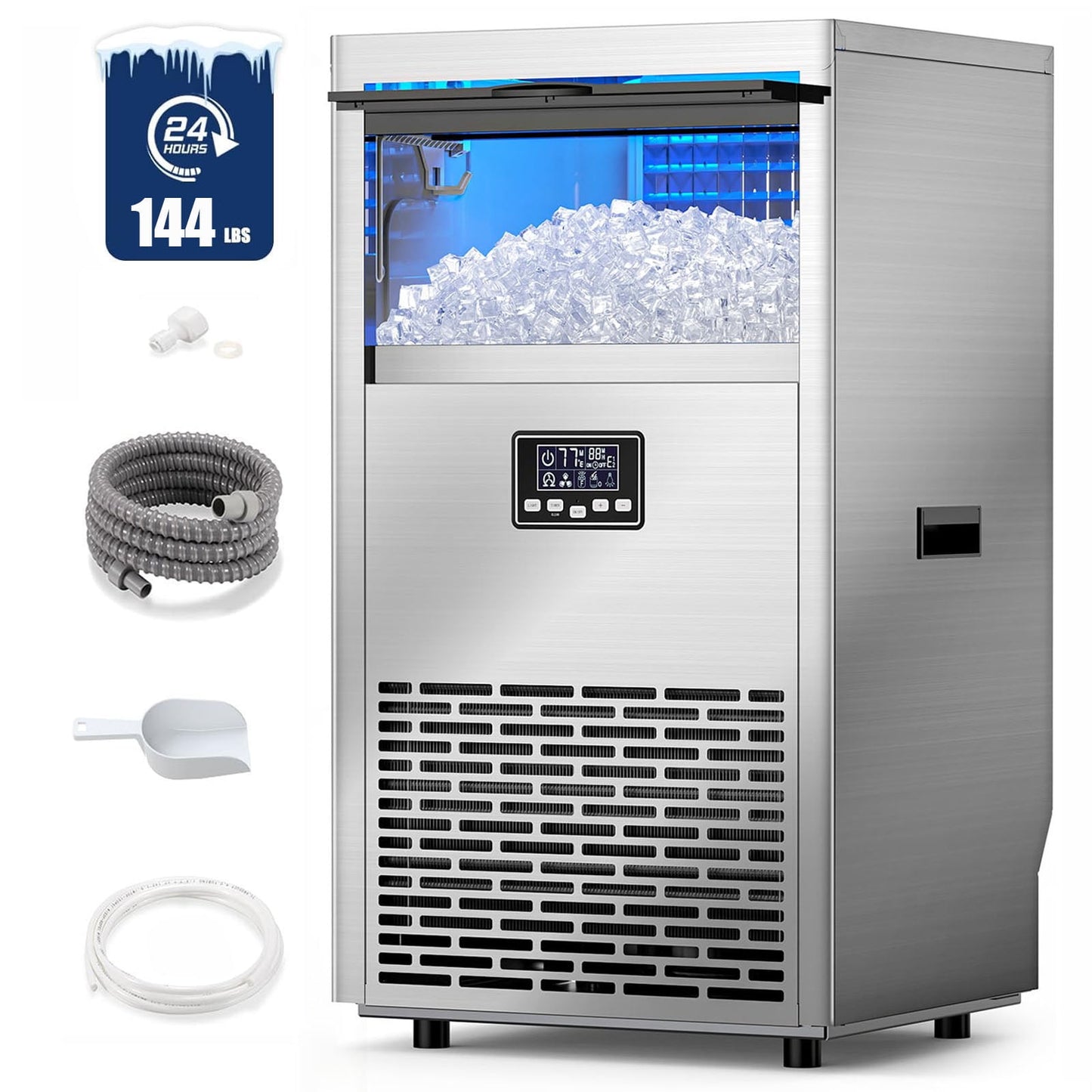 Auseo 144Lbs/24H Commercial Ice Makers, Under Counter Ice Machine with 29 lb.Storage Bin, Self-Cleaning & Adjustable Thickness, Stainless Steel