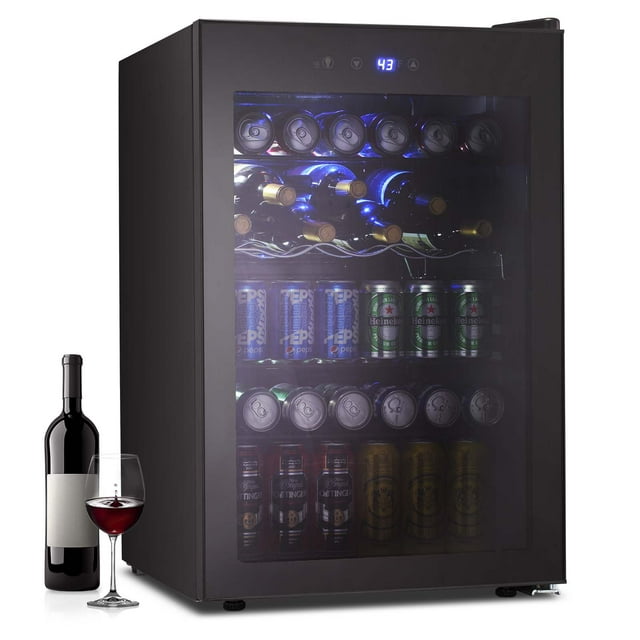 Auseo 145 Cans Beverage Refrigerator Cooler, Black Glass Door, Adjustable Shelf, Bar/Office/Home, Black