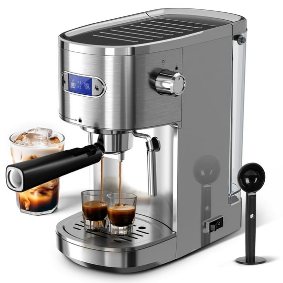 Auseo 20 Bar Espresso Coffee Maker, Drip Coffee Machine with 1-2 Cup, Espresso Machine with Milk Frother Steam Wand, 45 OZ Removable Water Tank for Home/Office/Cafe, Silver