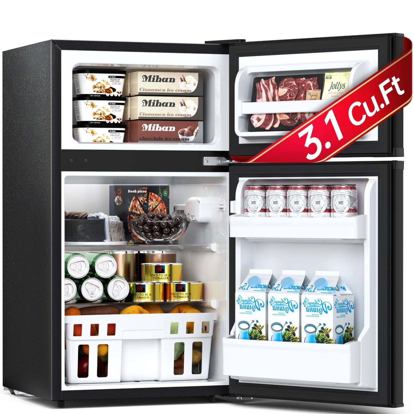 Auseo 3.1 Cu.Ft Double Door Mini Fridge with Freezer, Compact Retro Refrigerator for Dorm, Office, Bar, Bedroom, Black