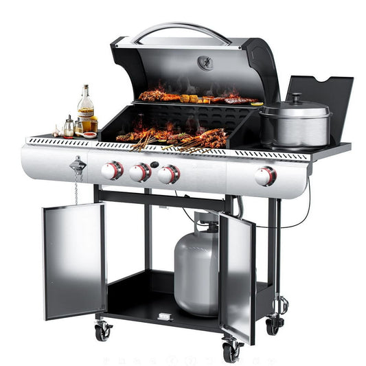 Auseo 3 Burner Propane Gas Grill with Side Burner, Stainless Steel 34,000 BTU Patio Garden Barbecue Grill