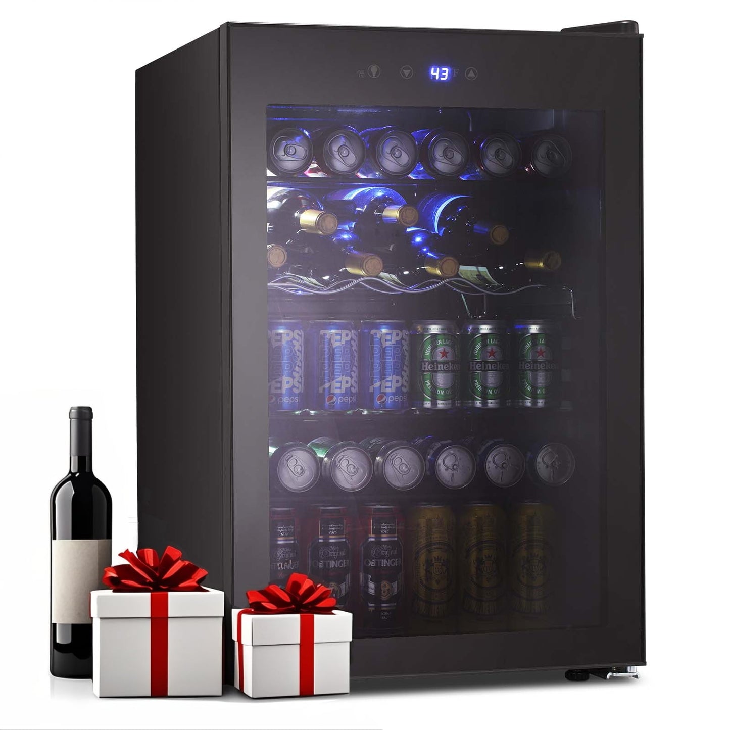 Auseo 180 Can Beverage Refrigerator and Cooler with Black Glass Door, Touch lock & Adjustable Shelf Wine Cooler for Home/Office/Bar-Black