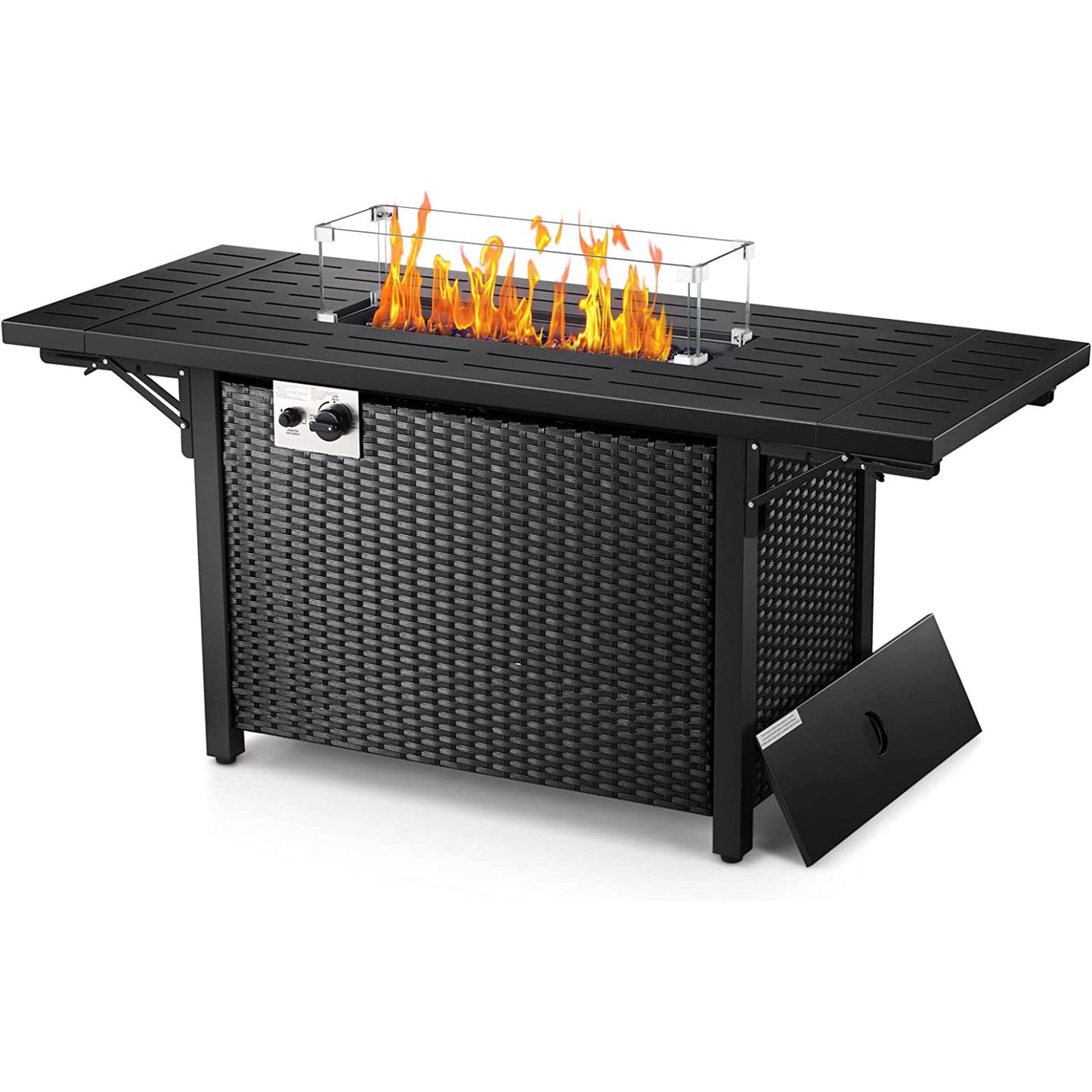 Auseo 55in Propane Fire Pit Table - Foldable Wicker Design - Lava Rocks & Glass Wind Guard - 50000 BTU