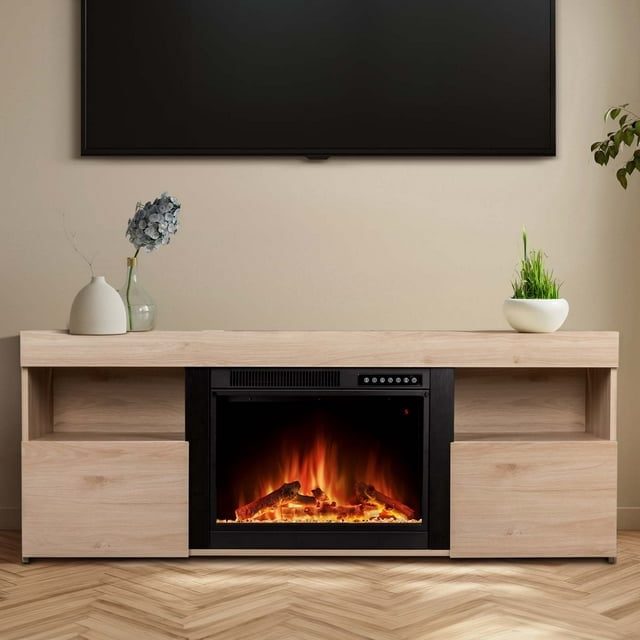 Auseo 60'' Electric Fireplace Mantel,Remote Control, Adjustable LED Flame, Free Standing Fireplace(PECAN)