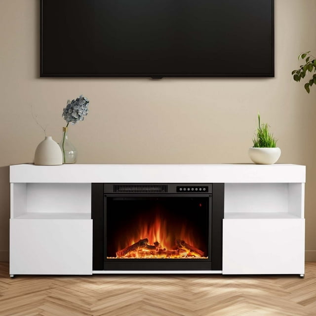 Auseo 60'' Electric Fireplace Mantel,Remote Control, Adjustable LED Flame, Free Standing Fireplace(White)