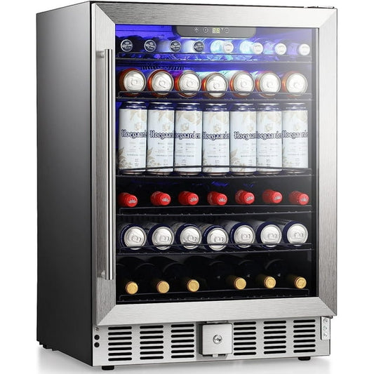 Auseo 5.1Cu.ft 24inch Beverage Refrigerator Cooler, Wine or Champagne Cooler with a Lock LED Light, Temperature Control, for Home/Office