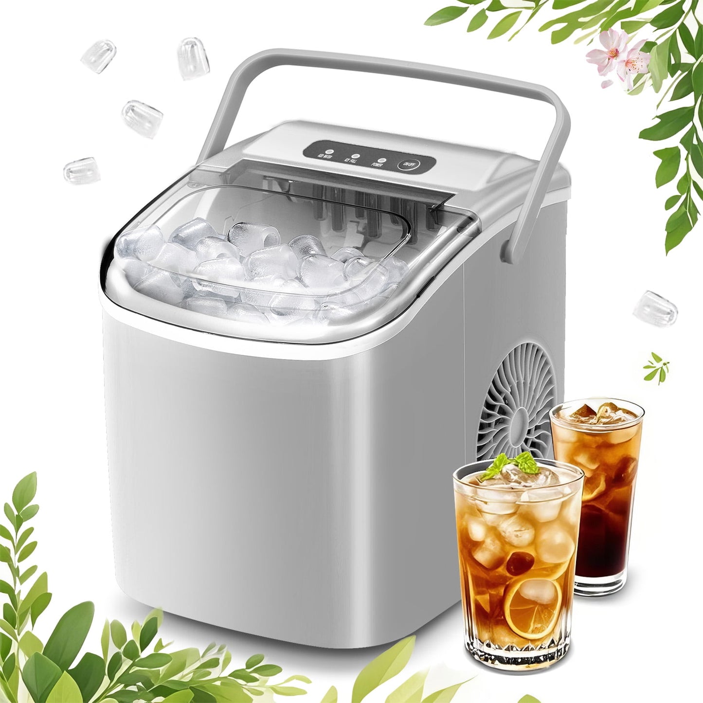 Auseo Countertop Ice Maker, Portable Ice Machine with Self-Cleaning, 26Lbs/24H, 9 Ice Cubes Ready in 6 Mins, for Home/Kitchen/Bar, Platinum Grey