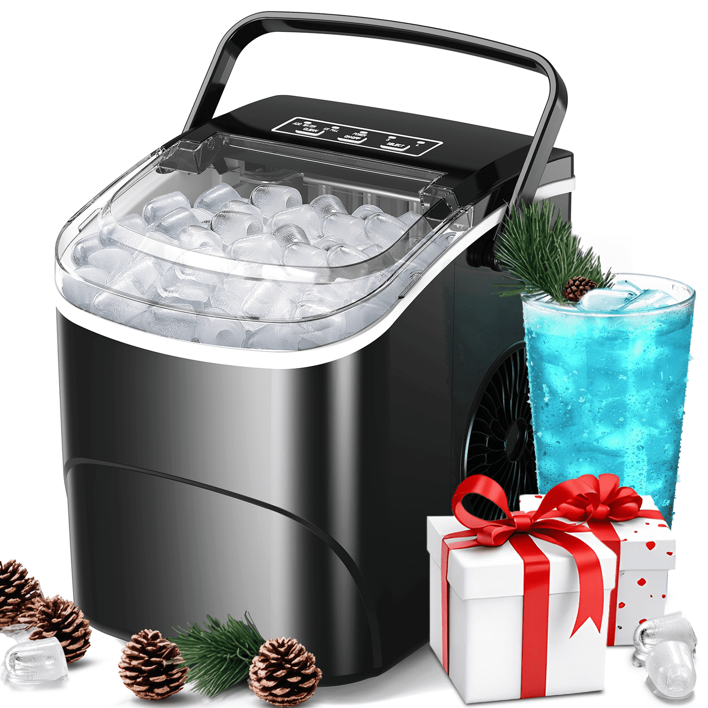Auseo 26lbs/24H Countertop Ice Maker, 6 Mins/9 Bullets of ice, 2 Sizes of Bullet Ice, Self-Cleaning, Black