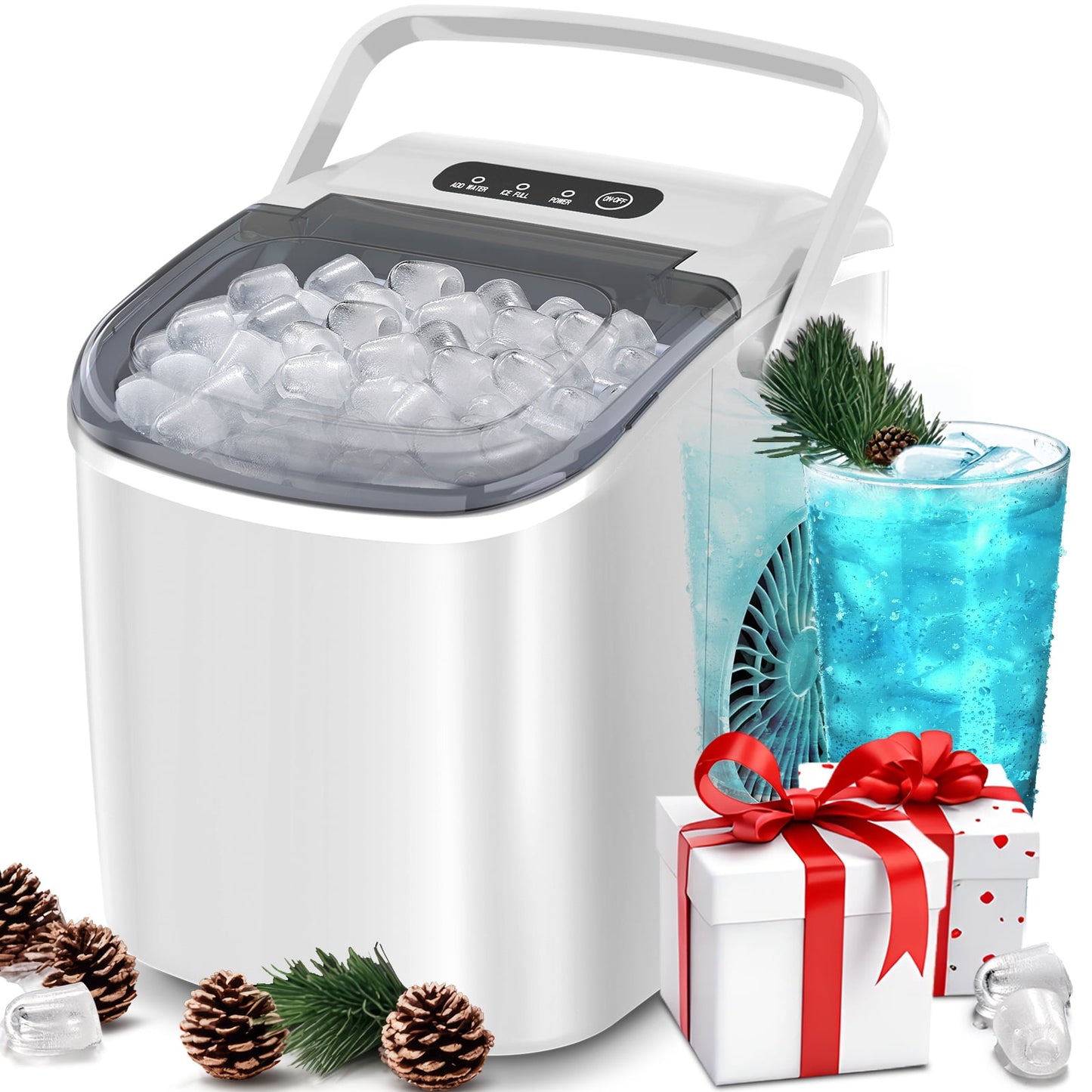 Auseo 26 lbs/24H Countertop Ice Maker Machine, 9 Bullet-Shaped Ice in 6 Min, Auto-Cleaning, White
