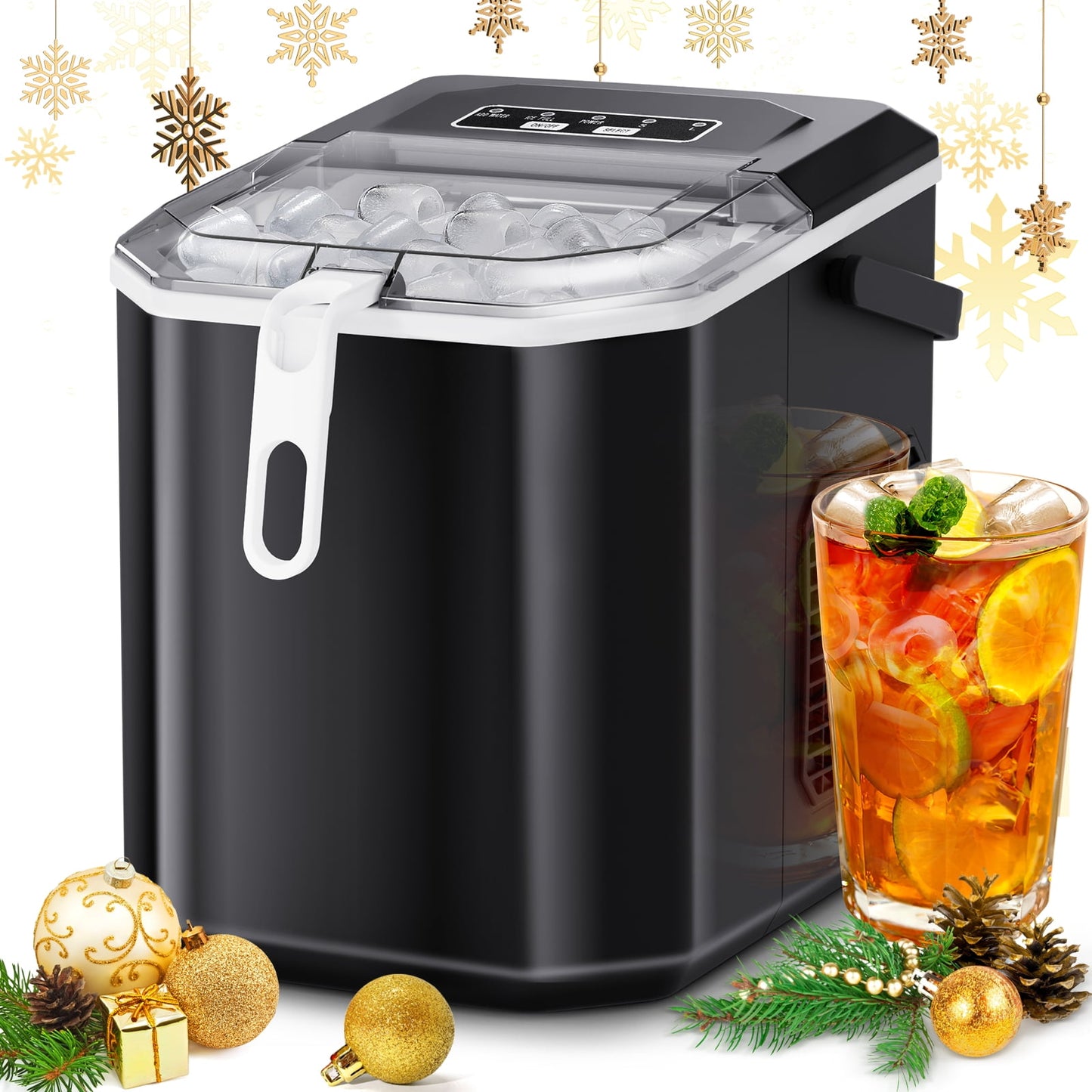Auseo Bullet Ice Maker with Ice Basket/Scoop/Handle, Self-Cleaning, 9Pcs/6-12Min, 26Lbs/24H for Home/Office/Bar/Party, Black