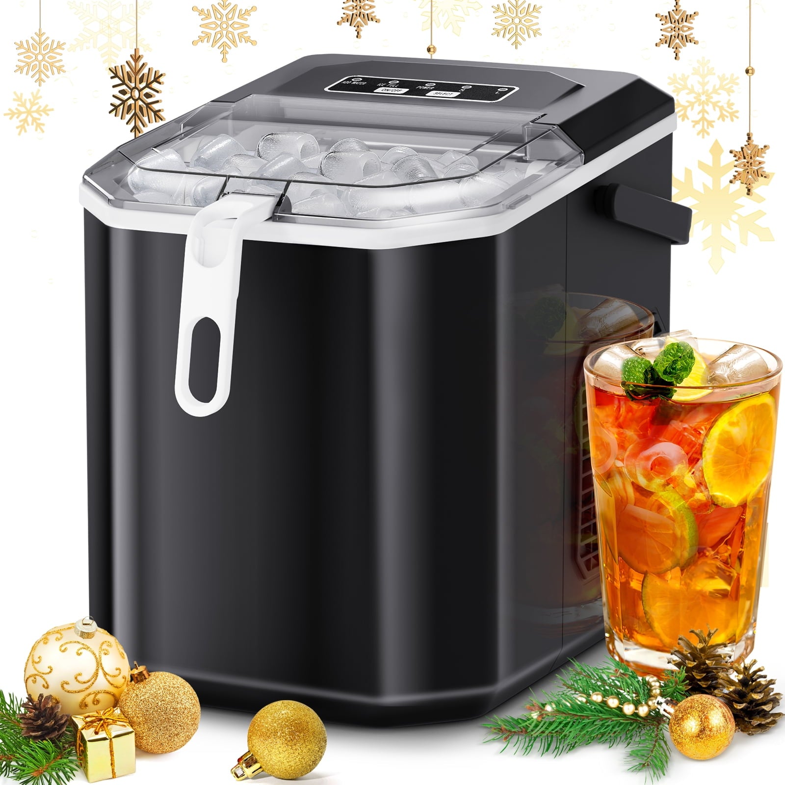 R.W.FLAME Portable Ice Maker Countertop - 26.5 Lbs/24H, Makes 9 Bullet Ice Cubes In 6 Mins, Self-Cleaning (Black)