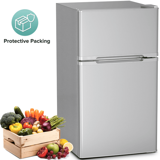 Auseo Double Door 3.2 Cu. ft Compact Refrigerator with Top Door Freezer, Freestanding Mini Fridge with Adjustable Temperature, Grey