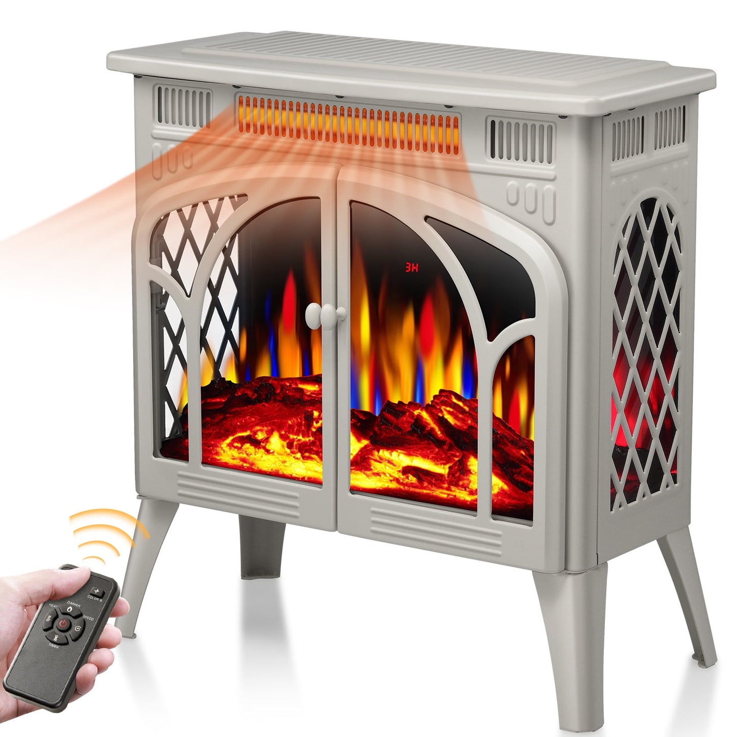 Auseo Electric Fireplace Heater 25’’ with 3D Realistic Flame Effect, Freestanding Fireplace with Remote Control, Timer, Different Flame Color,2 Heating Modes 500W/1500W