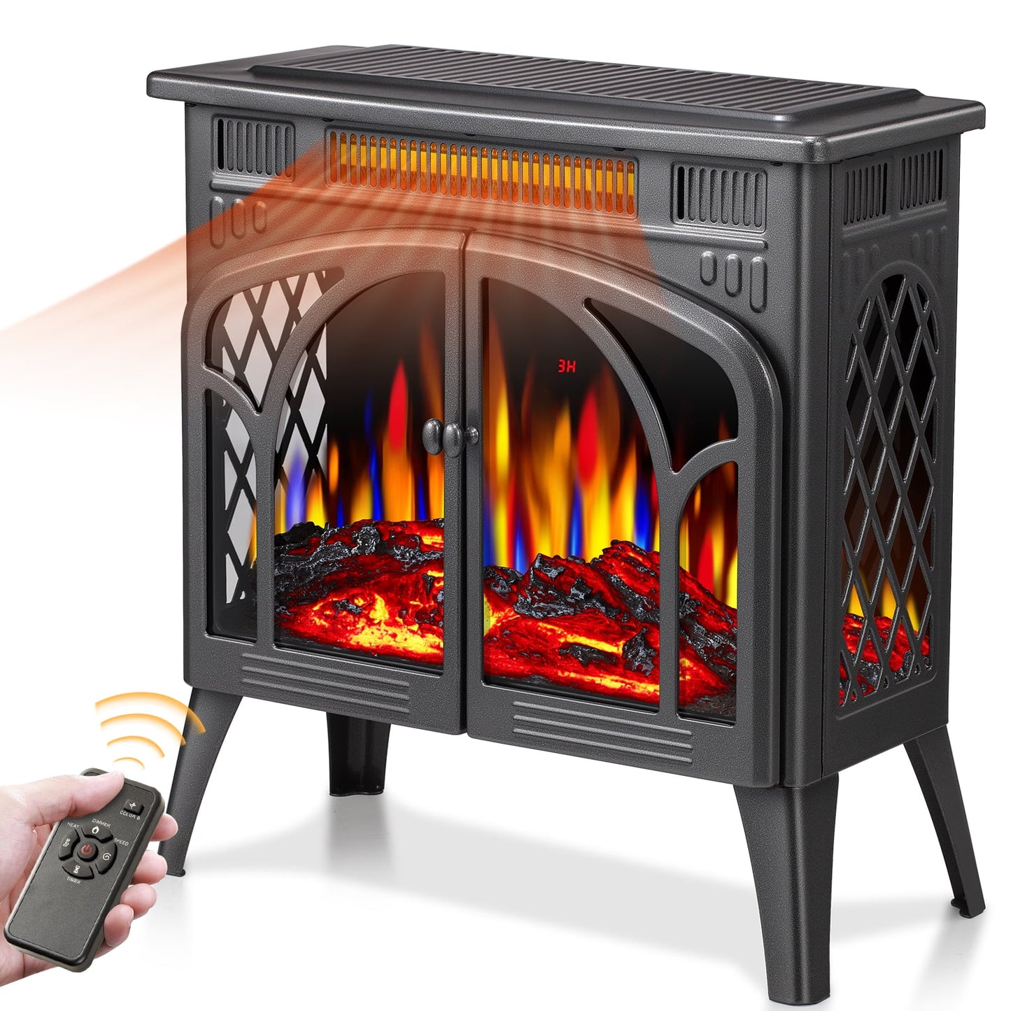Auseo Electric Fireplace Heater 25’’ with 3D Realistic Flame Effect, Freestanding Fireplace with Remote Control, Timer, Different Flame Color,2 Heating Modes 500W/1500W