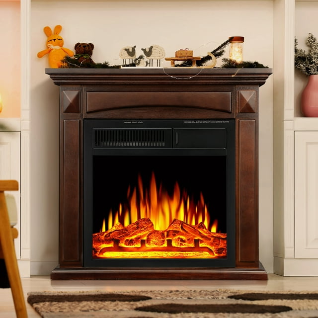 Auseo Electric Fireplace Mantel, Wood Surround Firebox, Freestanding C