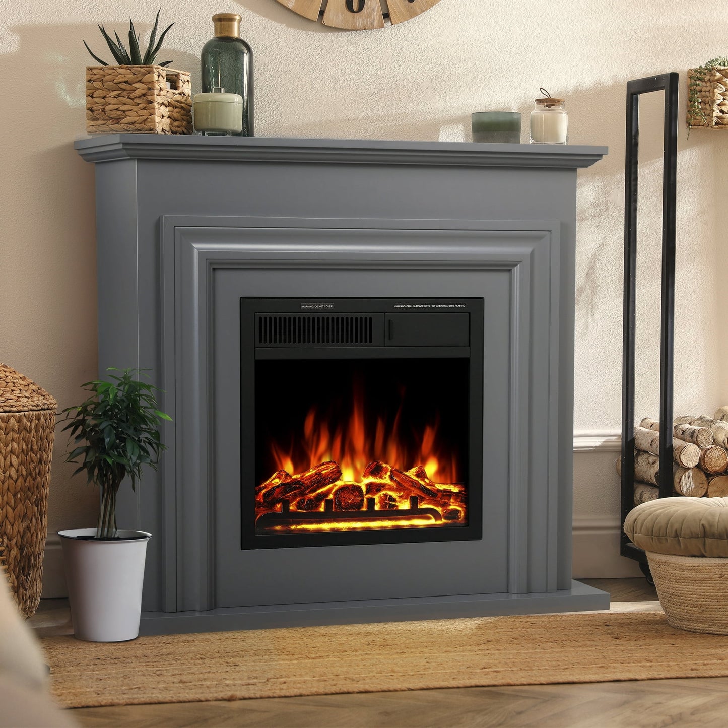Auseo Electric Fireplace Mantel Wooden Surround Firebox, Free Standing Fireplace, with Remote Control, Adjustable LED Flame, 750W/1500W -(Grey)