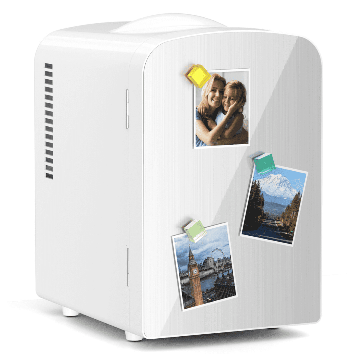 Auseo Mini Fridge Cooler Personal, Countertop, Holds up to 4L/6 Cans, Front Door Stainless Steel, Fridge Magnet(Freebies), Option for Skincare, Makeup, Drinks, Elegant White