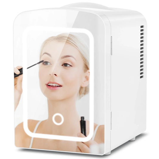 Auseo Mini Personal Fridge Cooler, LED Lighted Mirror, 4L Capacity Portable, Makeup and Skincare - AC/DC Refrigerator, Car, Office Desk & Dorm - Chills 6 Cans, White