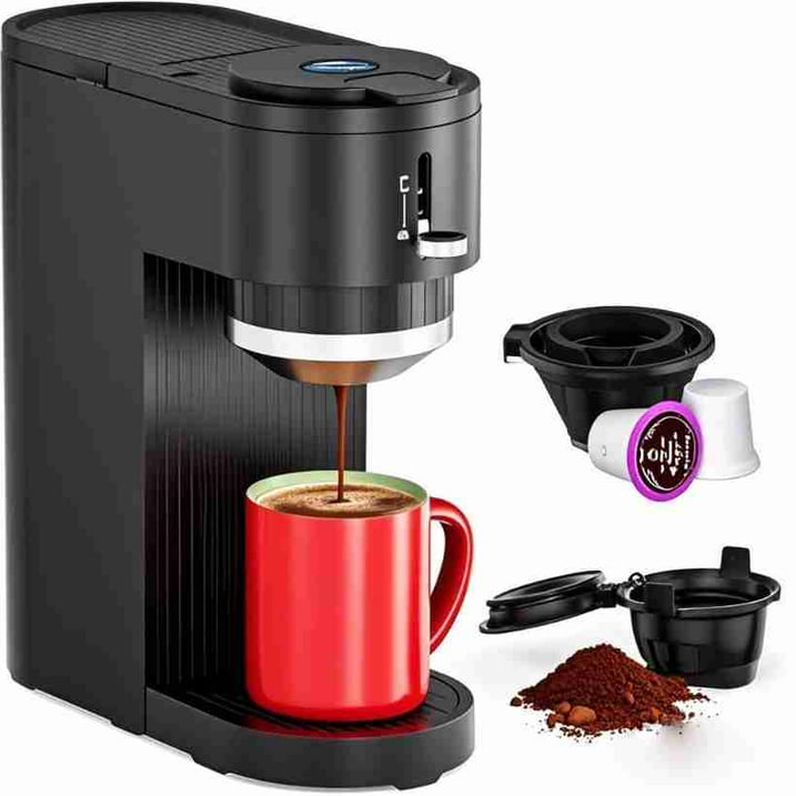 Auseo Single Serve Coffee Maker for Capsules & Grounds, 5 Brew Sizes (6-14 Oz), Adjustable Height, Compact Design, Fast & Easy Cleaning, Perfect for Home/Office/Travel, Black