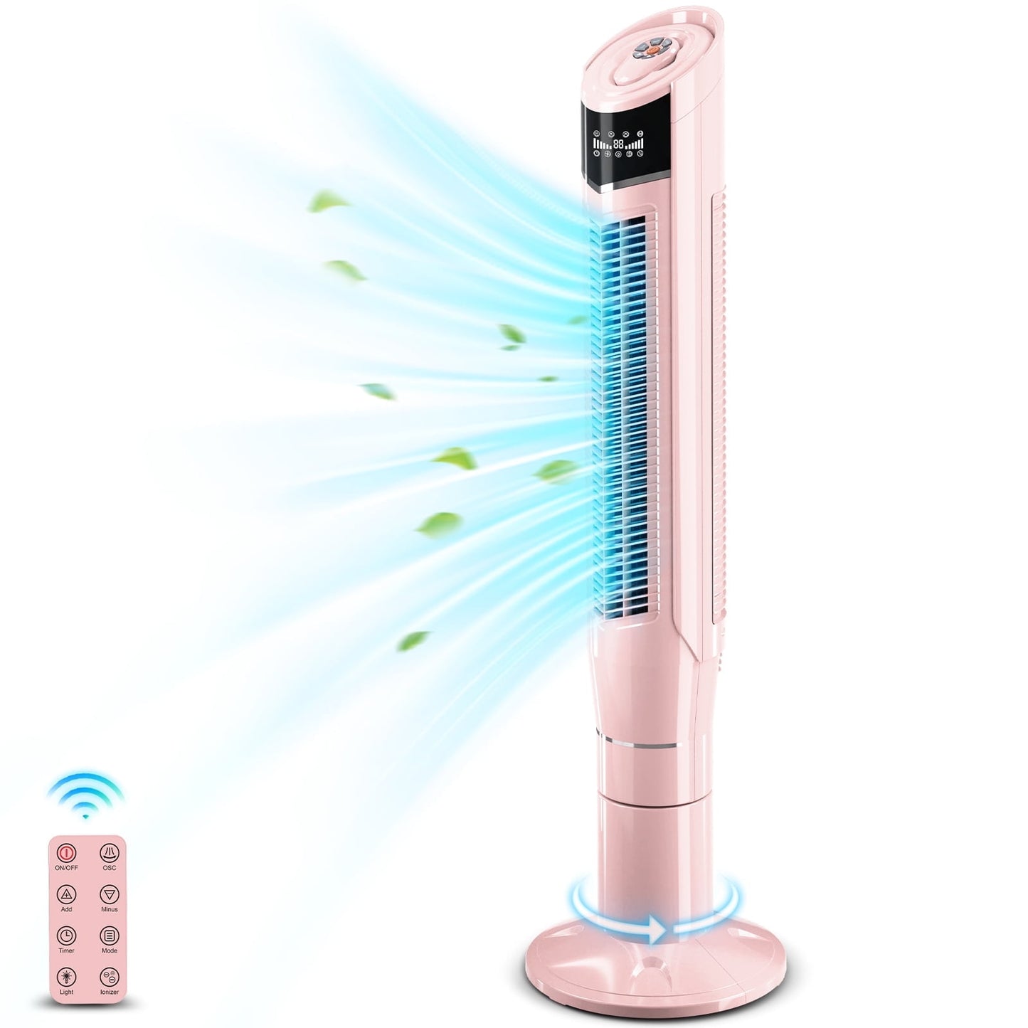 Auseo Tower Fan with Oscillation, Remote Control and LED Display, 3 Powerful Wind Modes, up to 24 H Timer Bladeless Standing Fan, Portable Fan for Children, Home, Dormitory or Office-Pink