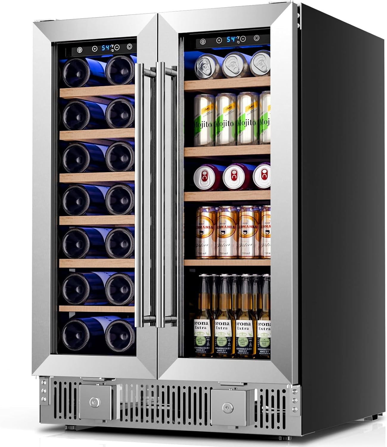 Auseo 24" Wine Cooler, 20 Bottle and 88 Cans Dual Zone Beverage Refrigerator with Glass Door, Built-in or Freestanding Wine/Beer/Beverage Fridge with Blue LED Light