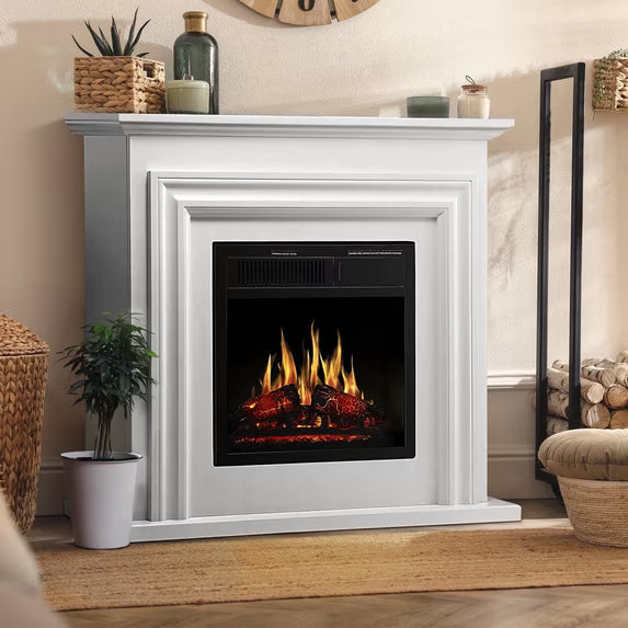 Auseo Electric Fireplace Mantel Wooden Surround Firebox, Free Standing Fireplace, with Remote Control, Adjustable LED Flame, 750W/1500W -Pearl White