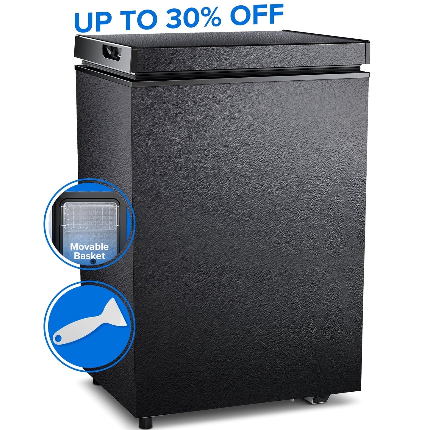 Auseo Mini Freezer Chest 3.5 cu ft, Black Deep Freezer & Side Handle, Compact Freezer with 7 Gear Adjustable Temperature, Removable Storage Basket, Energy Saving